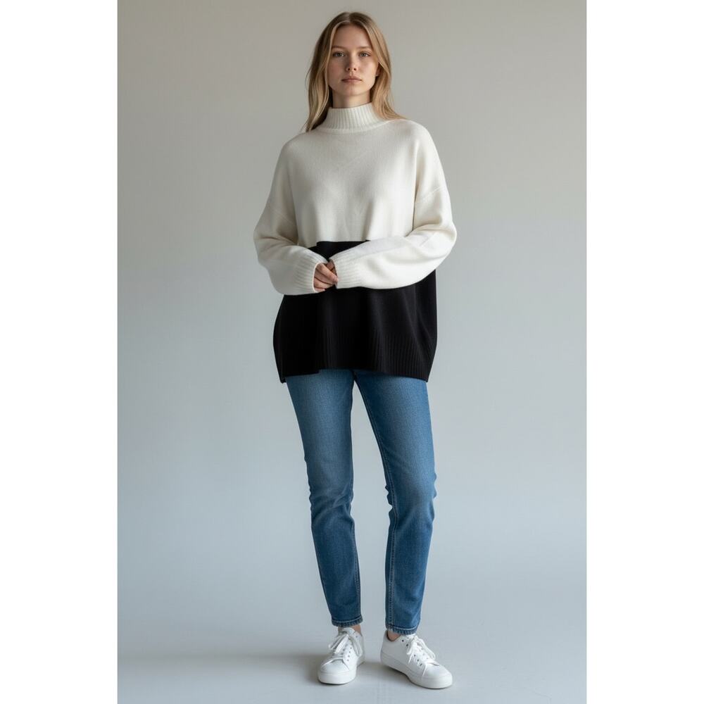 Zara Colorblock Mock Neck Sweater - Cream & Black - L‎